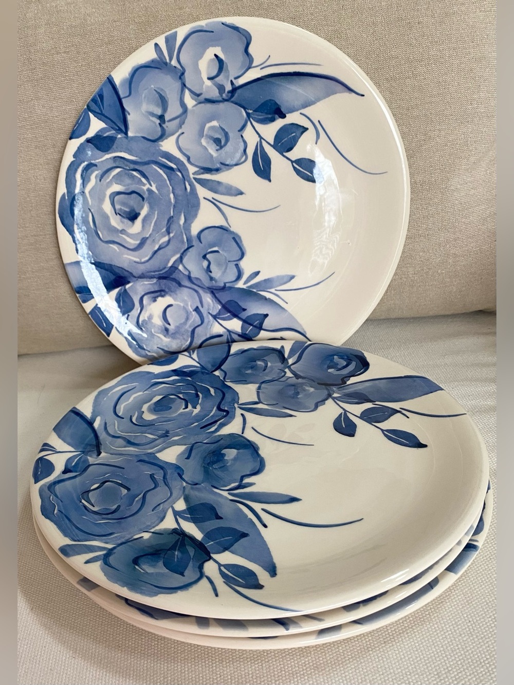 4 Viva by Vietri Blue Camellia Flower 9” Salad Plates Hard Ceramic Hand-Painted